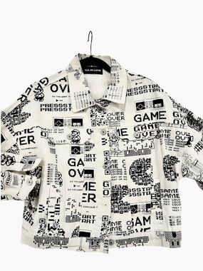 All In Love Graphic Game Over Button-Front jean Jacket - Black & White one size